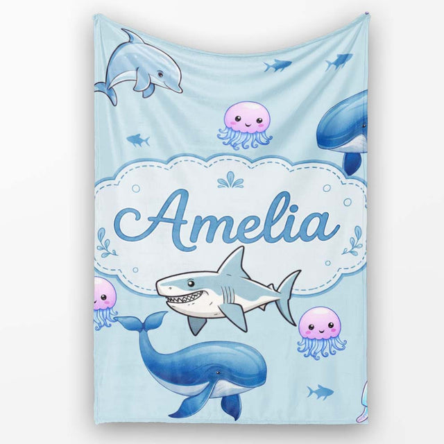 Cute Dolphin Shark and Jellyfish Ocean Animals Seamless Pattern  Personalised Custom Name Super Soft Fleece Blanket Bed Sofa Throw