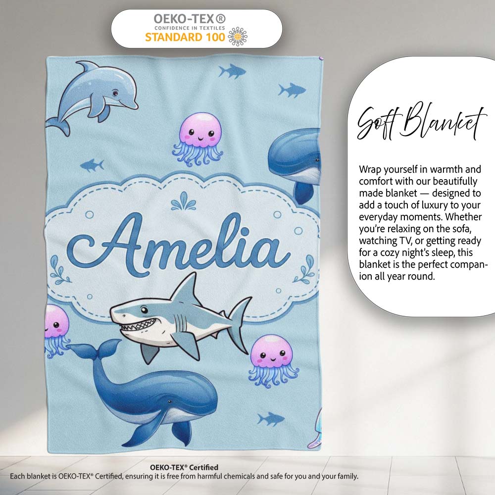 Cute Dolphin Shark and Jellyfish Ocean Animals Seamless Pattern  Personalised Custom Name Super Soft Fleece Blanket Bed Sofa Throw