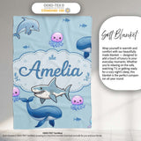 Cute Dolphin Shark and Jellyfish Ocean Animals Seamless Pattern  Personalised Custom Name Super Soft Fleece Blanket Bed Sofa Throw