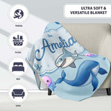 Cute Dolphin Shark and Jellyfish Ocean Animals Seamless Pattern  Personalised Custom Name Super Soft Fleece Blanket Bed Sofa Throw