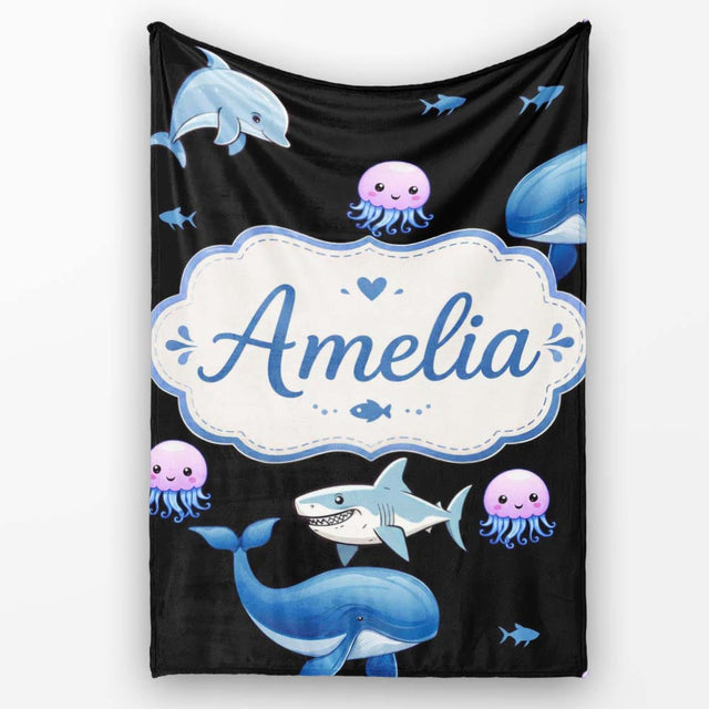 Cute Dolphin Shark and Jellyfish Ocean Animals Black Background  Personalised Custom Name Super Soft Fleece Blanket Bed Sofa Throw
