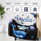 Cute Dolphin Shark and Jellyfish Ocean Animals Black Background  Personalised Custom Name Super Soft Fleece Blanket Bed Sofa Throw