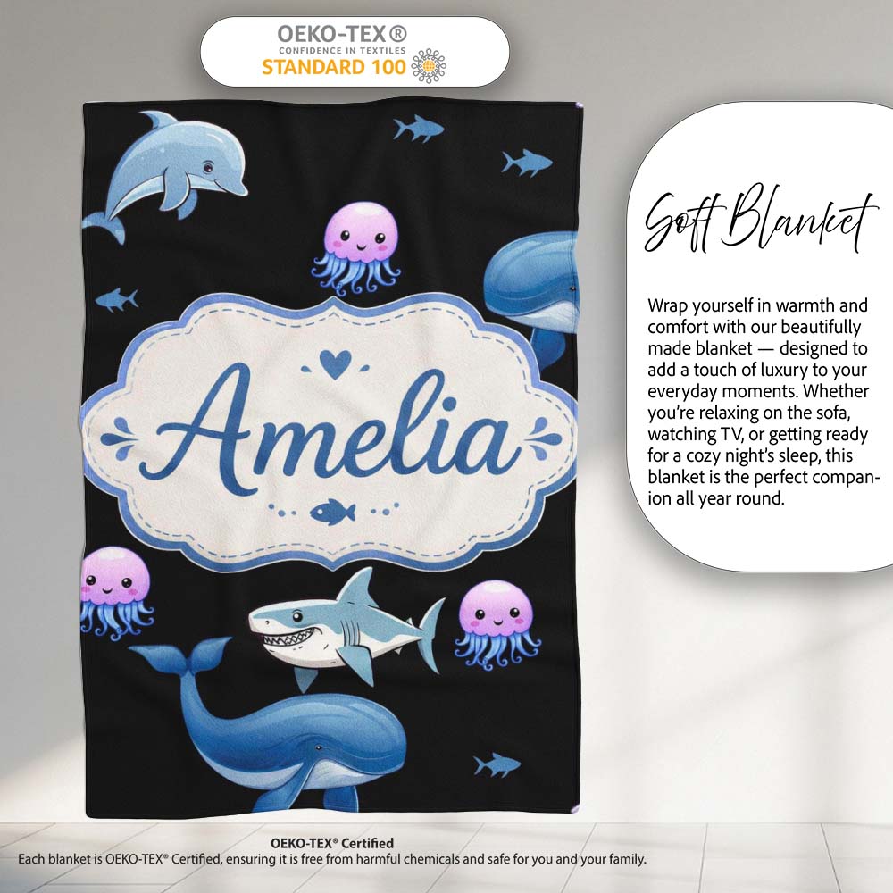 Cute Dolphin Shark and Jellyfish Ocean Animals Black Background  Personalised Custom Name Super Soft Fleece Blanket Bed Sofa Throw