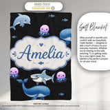 Cute Dolphin Shark and Jellyfish Ocean Animals Black Background  Personalised Custom Name Super Soft Fleece Blanket Bed Sofa Throw