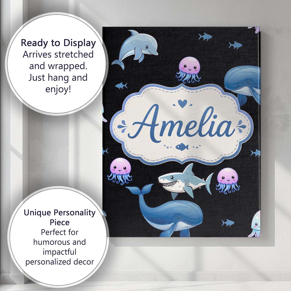 Personalised Name Cute Dolphin Shark and Custom  Unique Gift Idea Elegant Feature Canvas Wall Art Print Decor Picture Ready to Hang