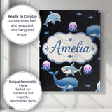 Personalised Name Cute Dolphin Shark and Custom  Unique Gift Idea Elegant Feature Canvas Wall Art Print Decor Picture Ready to Hang