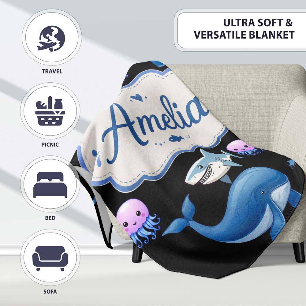Cute Dolphin Shark and Jellyfish Ocean Animals Black Background  Personalised Custom Name Super Soft Fleece Blanket Bed Sofa Throw