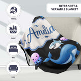 Cute Dolphin Shark and Jellyfish Ocean Animals Black Background  Personalised Custom Name Super Soft Fleece Blanket Bed Sofa Throw