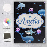Personalised Name Cute Dolphin Shark and Custom  Unique Gift Idea Elegant Feature Canvas Wall Art Print Decor Picture Ready to Hang