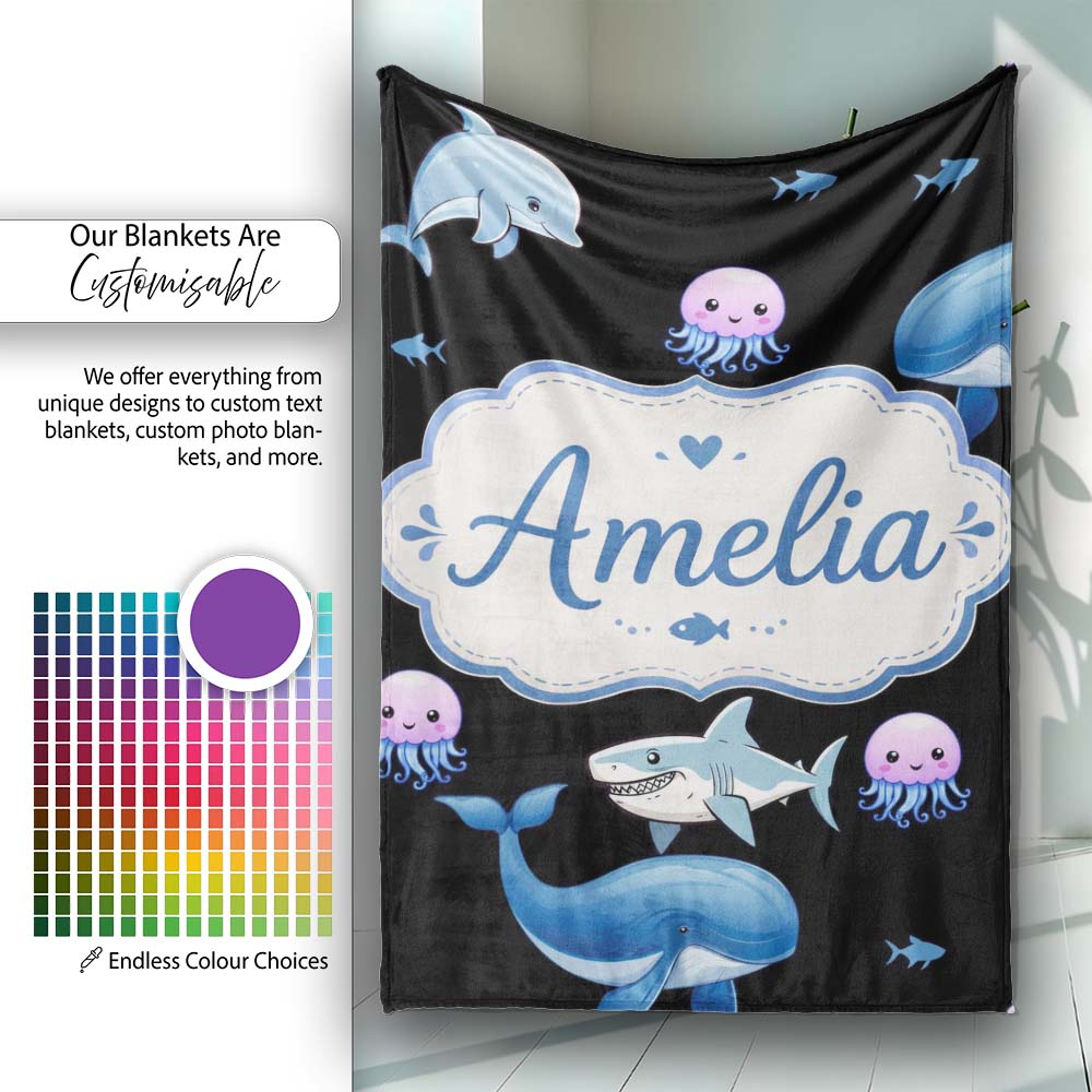 Cute Dolphin Shark and Jellyfish Ocean Animals Black Background  Personalised Custom Name Super Soft Fleece Blanket Bed Sofa Throw