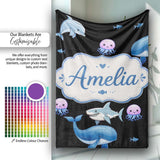 Cute Dolphin Shark and Jellyfish Ocean Animals Black Background  Personalised Custom Name Super Soft Fleece Blanket Bed Sofa Throw