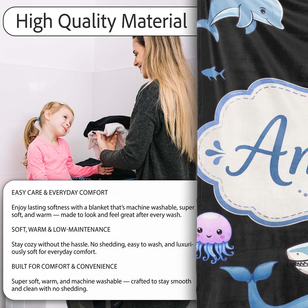 Cute Dolphin Shark and Jellyfish Ocean Animals Black Background  Personalised Custom Name Super Soft Fleece Blanket Bed Sofa Throw