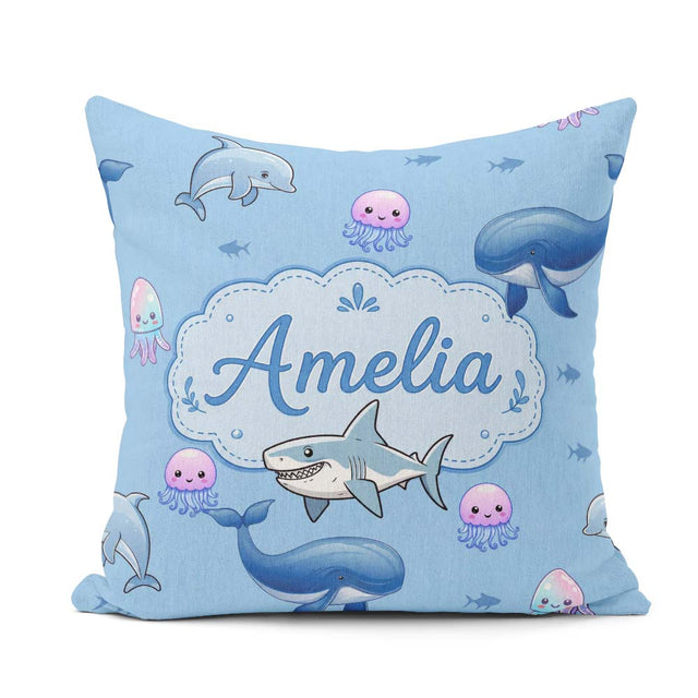 Custom Name Cute Dolphin Shark and Ocean Animals Blue Background Square Filled Cushion Throw Pillow Sofa Bed Home Decor Zip Washable UK Made