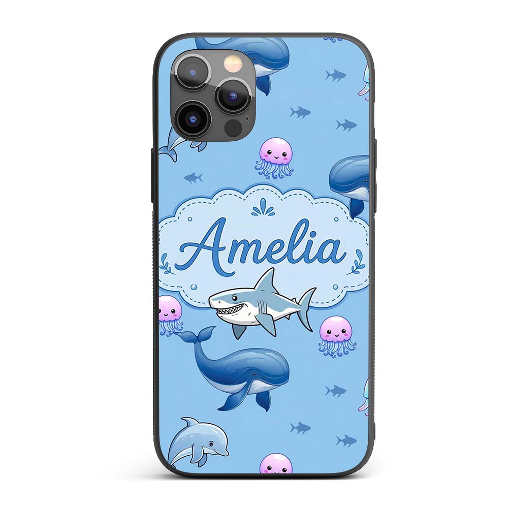 Cute Dolphin Shark and Jellyfish Ocean Animals Custom Name Protective Phone Case Mobile Cover Durable Everyday Smartphone Shock Resistant