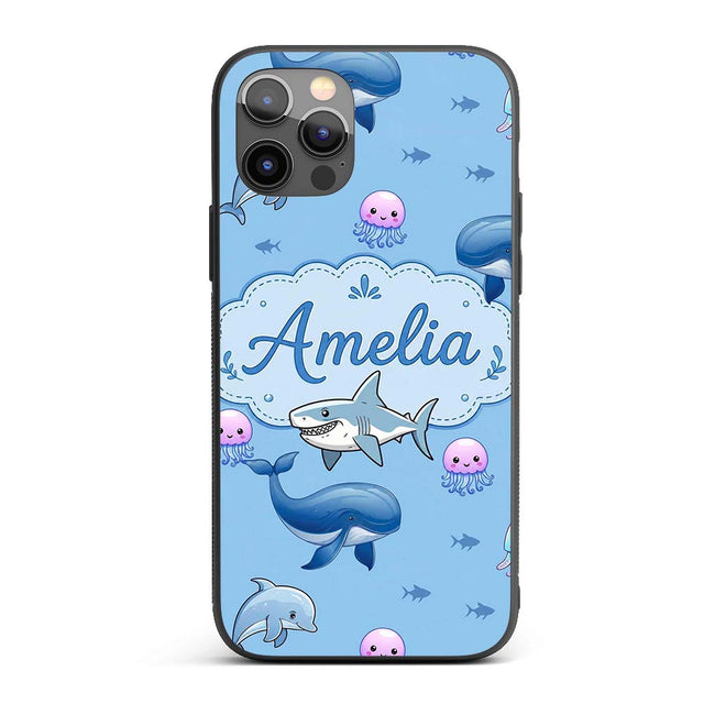 Cute Dolphin Shark and Jellyfish Ocean Animals Custom Name Protective Phone Case Mobile Cover Durable Everyday Smartphone Shock Resistant