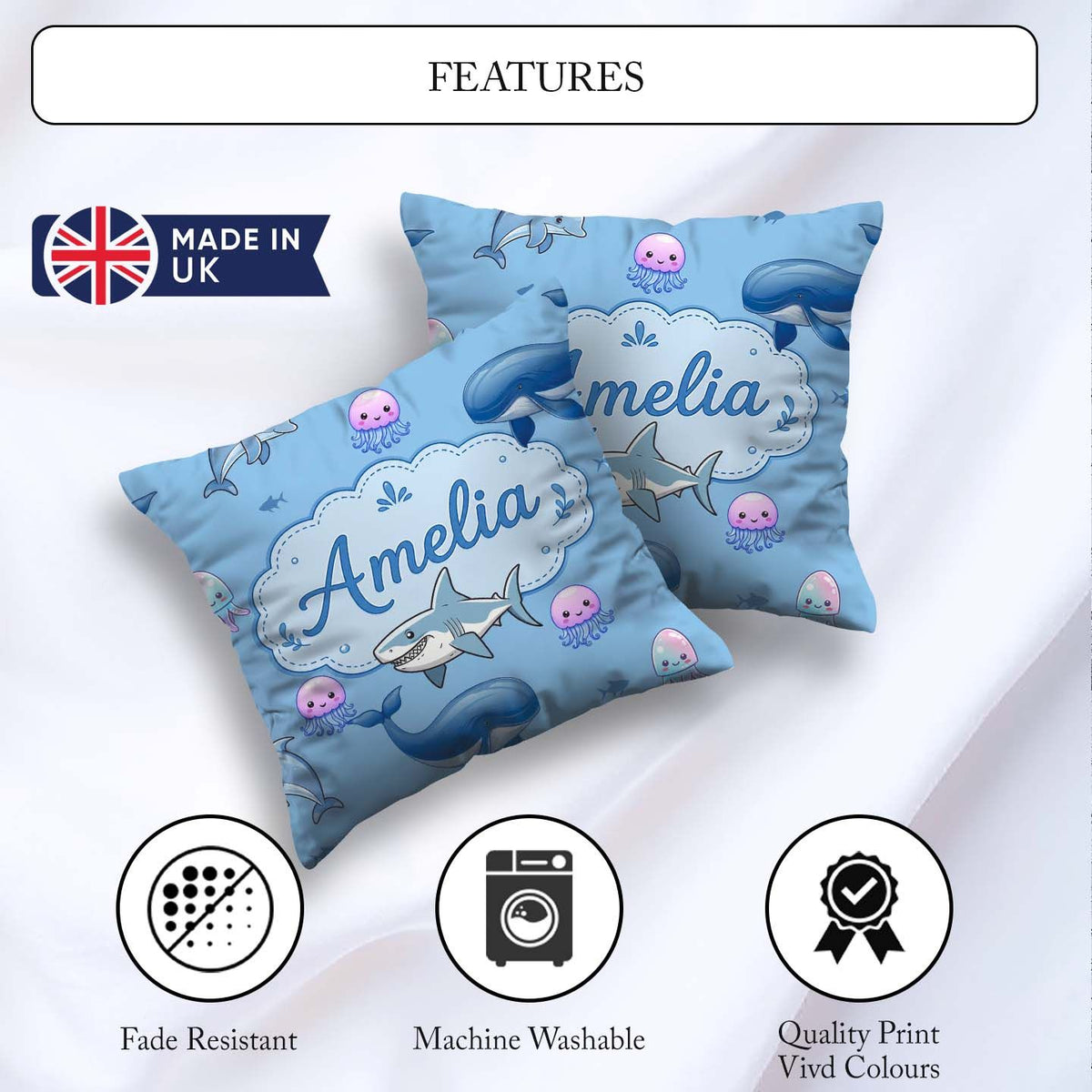 Custom Name Cute Dolphin Shark and Ocean Animals Blue Background Square Filled Cushion Throw Pillow Sofa Bed Home Decor Zip Washable UK Made
