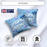 Custom Name Cute Dolphin Shark and Ocean Animals Blue Background Square Filled Cushion Throw Pillow Sofa Bed Home Decor Zip Washable UK Made