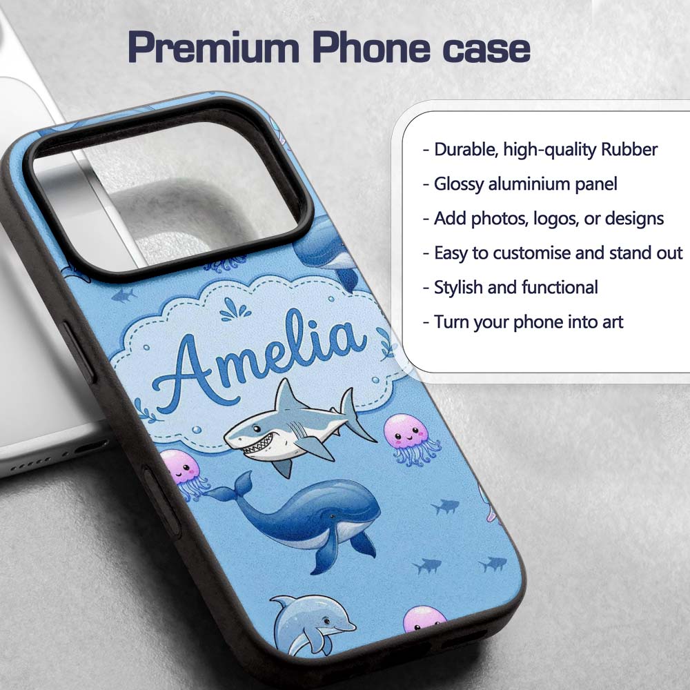 Cute Dolphin Shark and Jellyfish Ocean Animals Custom Name Protective Phone Case Mobile Cover Durable Everyday Smartphone Shock Resistant