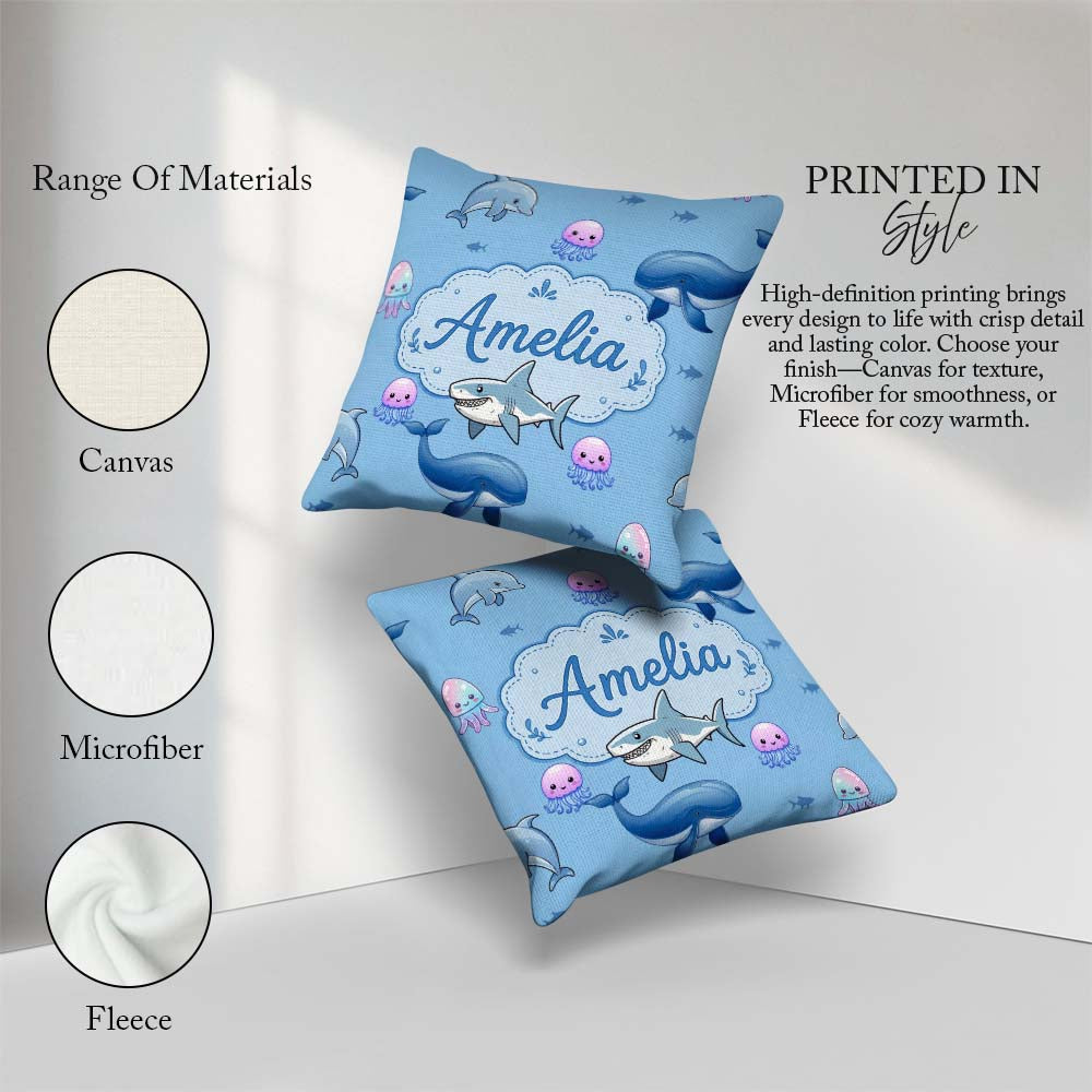 Custom Name Cute Dolphin Shark and Ocean Animals Blue Background Square Filled Cushion Throw Pillow Sofa Bed Home Decor Zip Washable UK Made