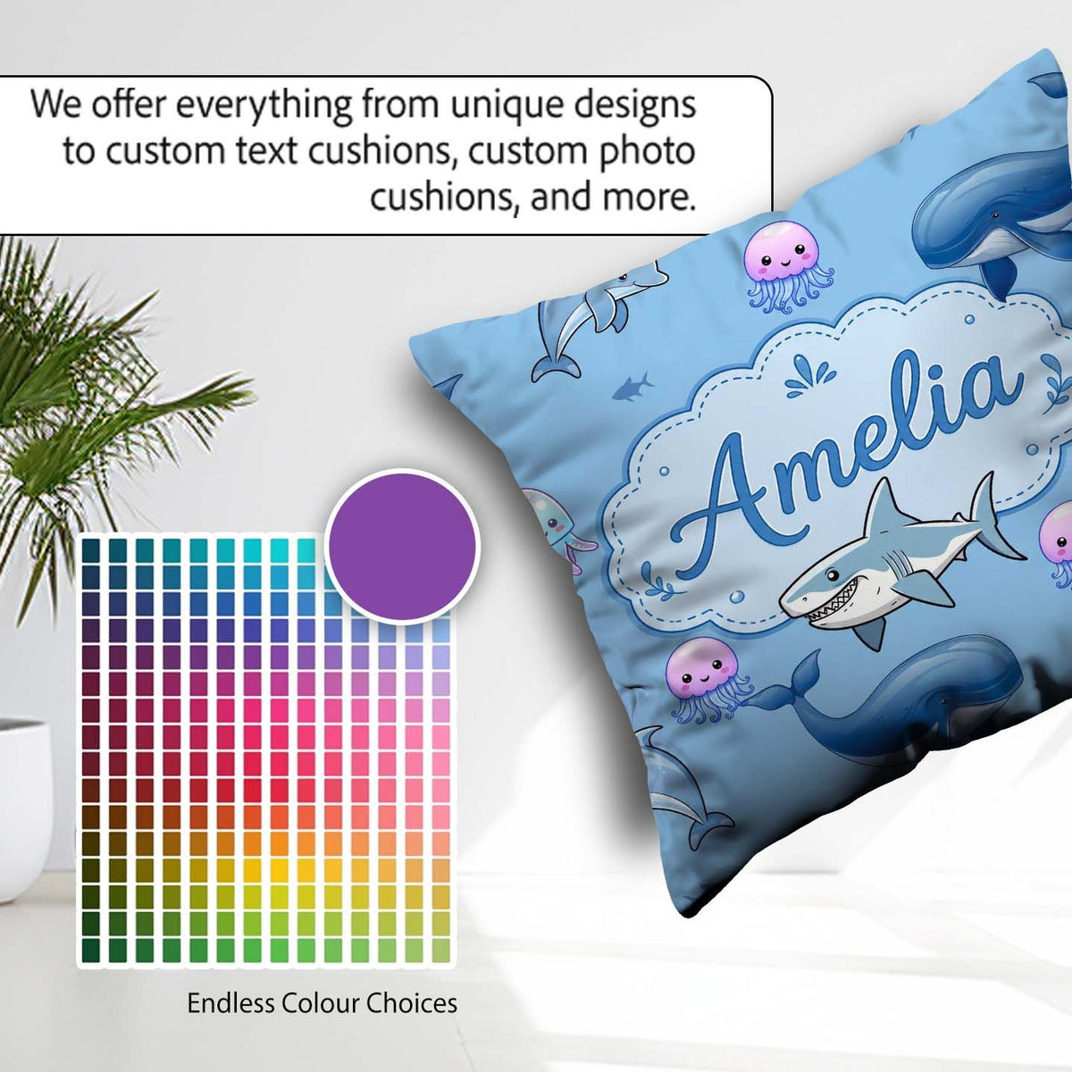 Custom Name Cute Dolphin Shark and Ocean Animals Blue Background Square Filled Cushion Throw Pillow Sofa Bed Home Decor Zip Washable UK Made
