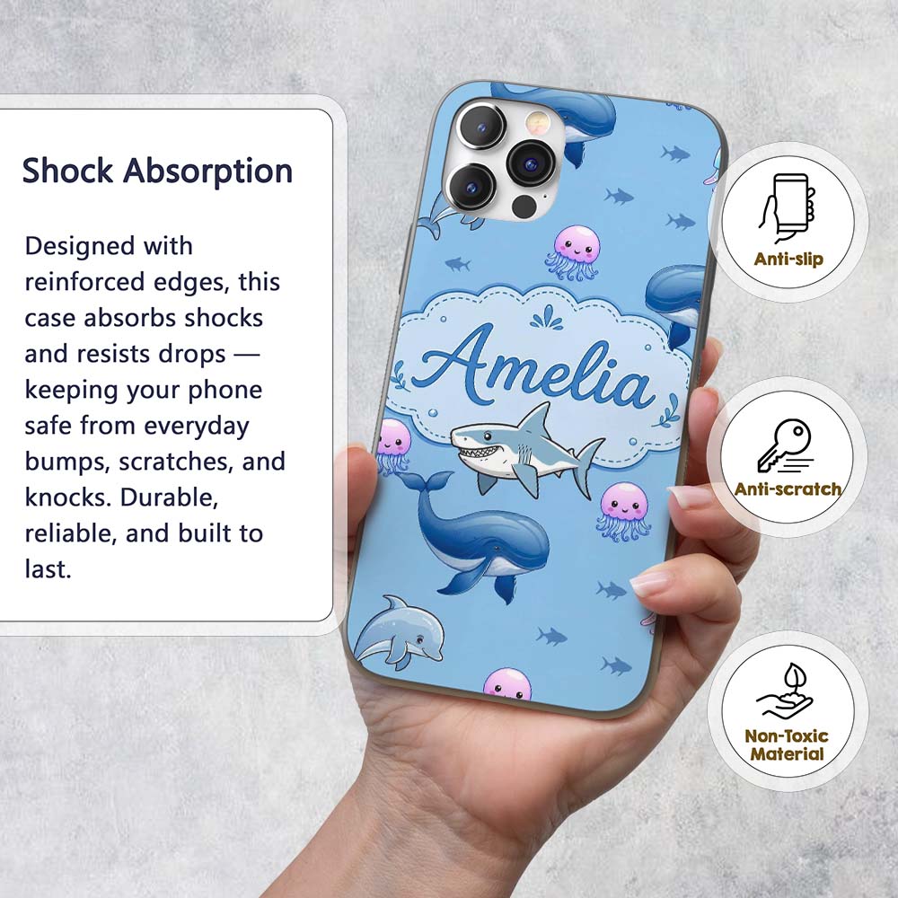Cute Dolphin Shark and Jellyfish Ocean Animals Custom Name Protective Phone Case Mobile Cover Durable Everyday Smartphone Shock Resistant