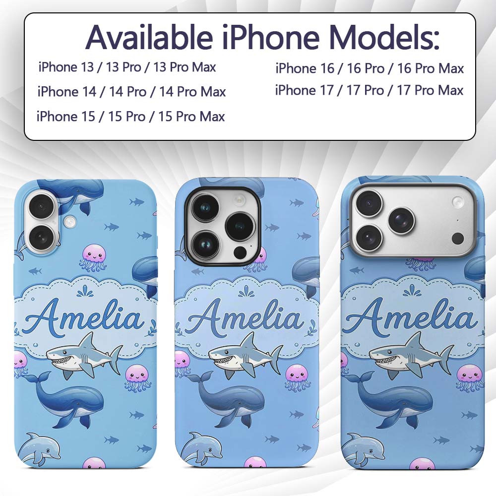 Cute Dolphin Shark and Jellyfish Ocean Animals Custom Name Protective Phone Case Mobile Cover Durable Everyday Smartphone Shock Resistant