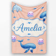 Cute Dolphin Shark and Jellyfish Ocean Animals Peach Background  Personalised Custom Name Super Soft Fleece Blanket Bed Sofa Throw