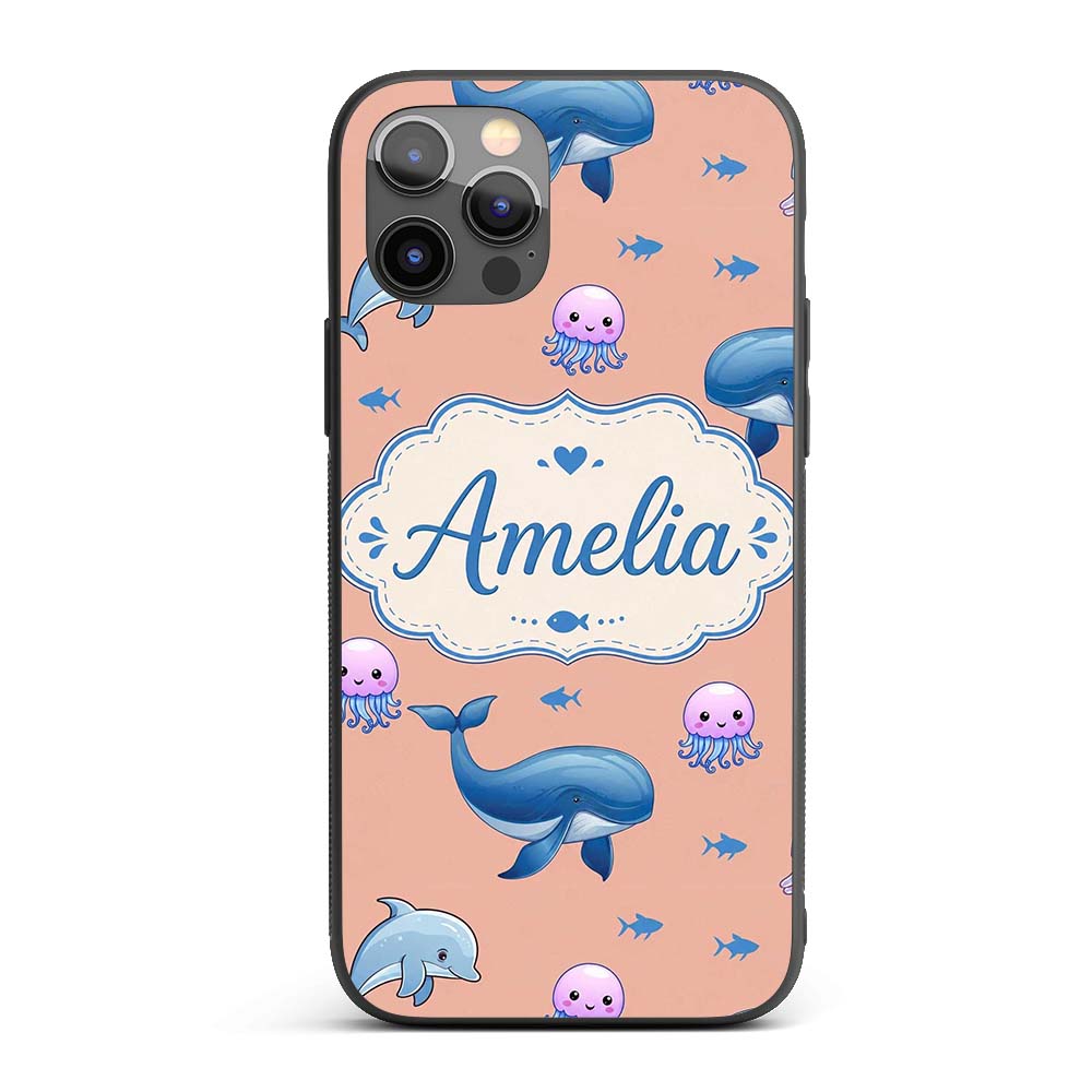 Cute Dolphin Shark and Jellyfish Ocean Animals Custom Name Protective Phone Case Mobile Cover Durable Everyday Smartphone Shock Resistant