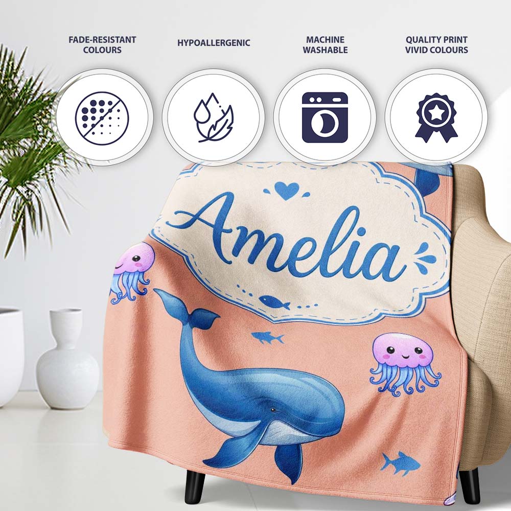 Cute Dolphin Shark and Jellyfish Ocean Animals Peach Background  Personalised Custom Name Super Soft Fleece Blanket Bed Sofa Throw