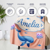 Cute Dolphin Shark and Jellyfish Ocean Animals Peach Background  Personalised Custom Name Super Soft Fleece Blanket Bed Sofa Throw