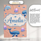 Cute Dolphin Shark and Jellyfish Ocean Animals Peach Background  Personalised Custom Name Super Soft Fleece Blanket Bed Sofa Throw