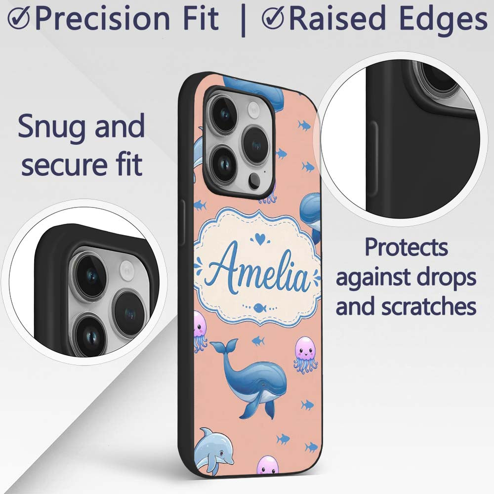 Cute Dolphin Shark and Jellyfish Ocean Animals Custom Name Protective Phone Case Mobile Cover Durable Everyday Smartphone Shock Resistant