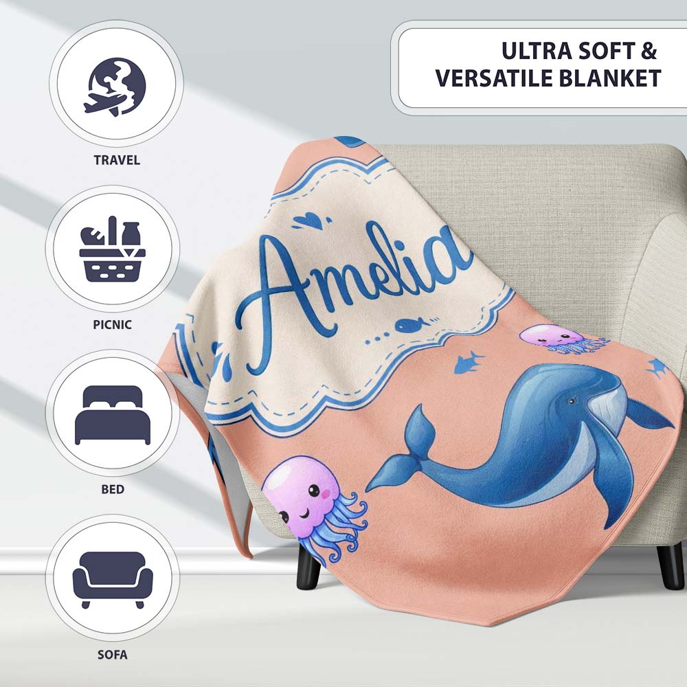 Cute Dolphin Shark and Jellyfish Ocean Animals Peach Background  Personalised Custom Name Super Soft Fleece Blanket Bed Sofa Throw