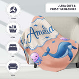 Cute Dolphin Shark and Jellyfish Ocean Animals Peach Background  Personalised Custom Name Super Soft Fleece Blanket Bed Sofa Throw