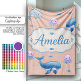 Cute Dolphin Shark and Jellyfish Ocean Animals Peach Background  Personalised Custom Name Super Soft Fleece Blanket Bed Sofa Throw