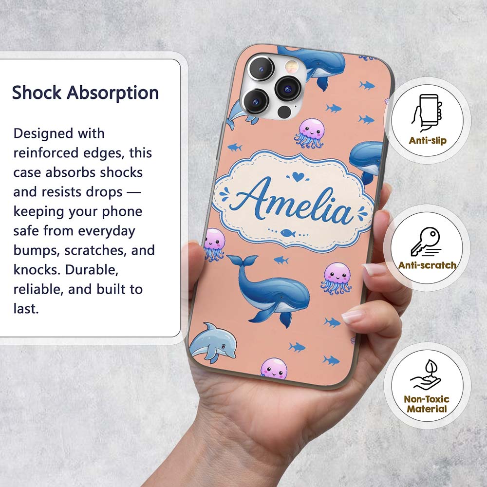 Cute Dolphin Shark and Jellyfish Ocean Animals Custom Name Protective Phone Case Mobile Cover Durable Everyday Smartphone Shock Resistant