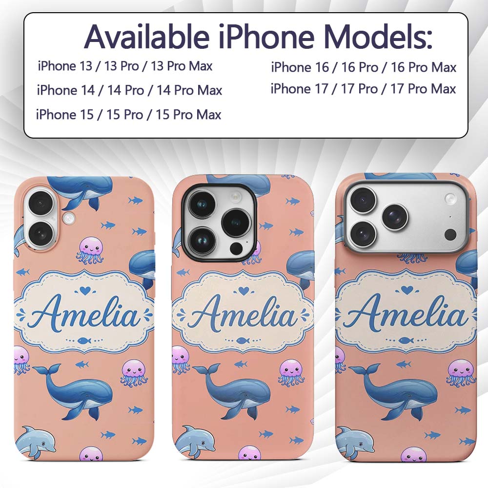 Cute Dolphin Shark and Jellyfish Ocean Animals Custom Name Protective Phone Case Mobile Cover Durable Everyday Smartphone Shock Resistant