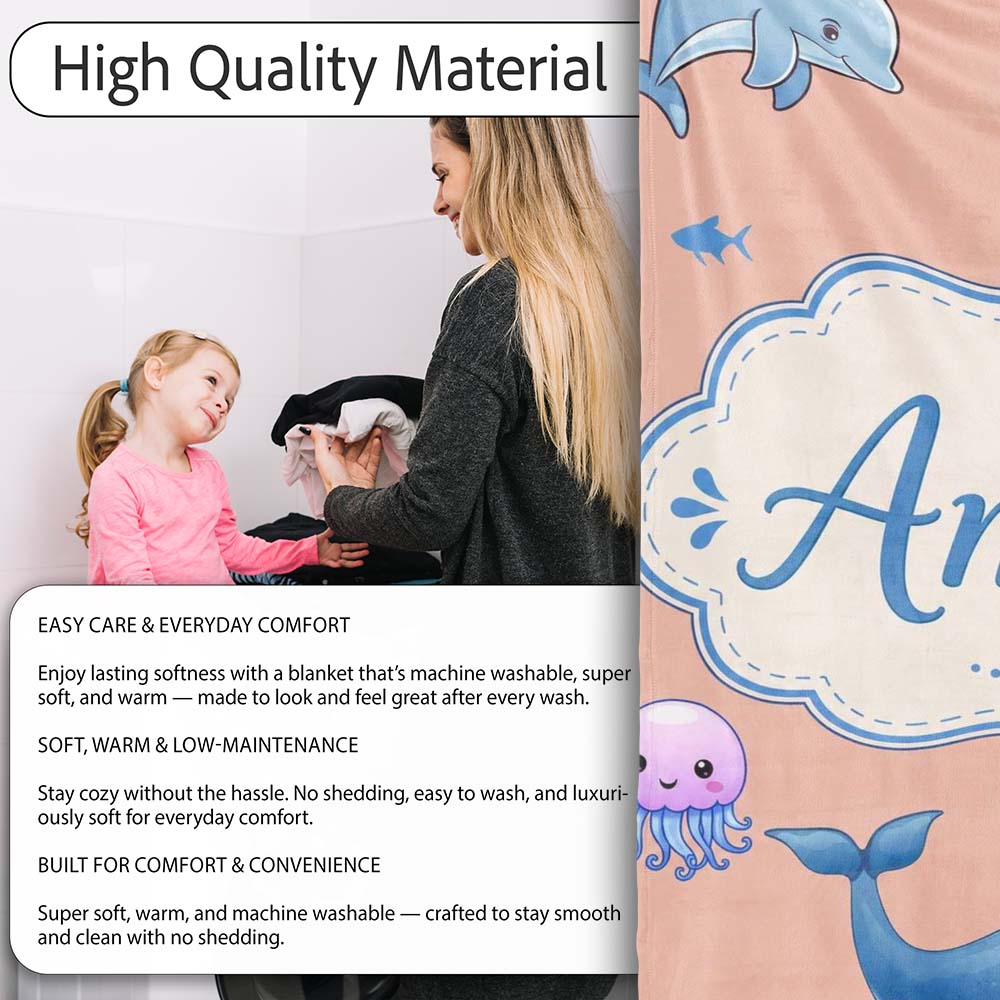 Cute Dolphin Shark and Jellyfish Ocean Animals Peach Background  Personalised Custom Name Super Soft Fleece Blanket Bed Sofa Throw