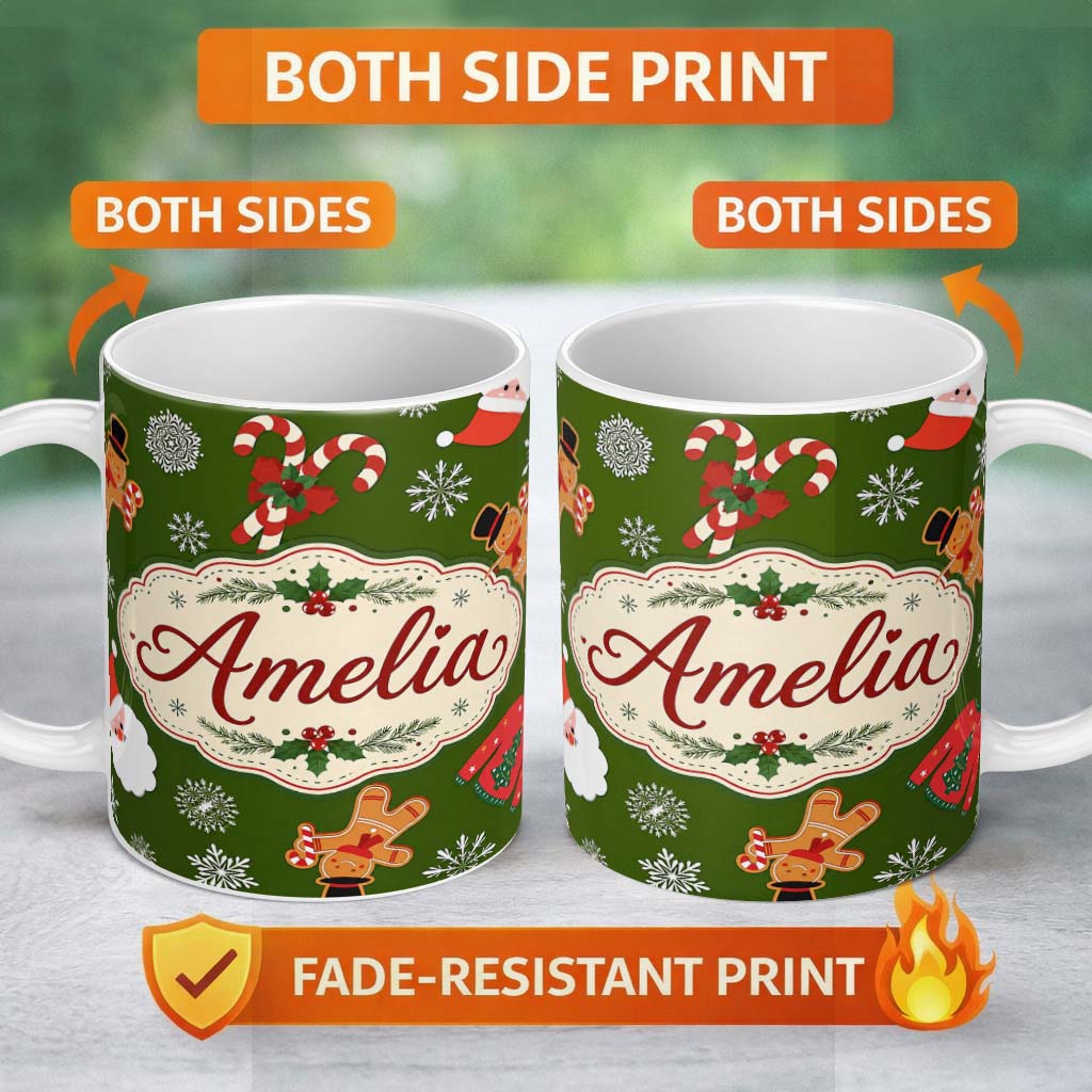 Personalized Custom Name Cute Cartoon Reindeer Gingerbread Candy Cane Festive Seamless Lovely 11oz Ceramic Coffee Tea Mug White Large Handle