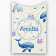 Cute Dolphin Shark and Jellyfish Ocean Animals Neutral Beige Lovely  Personalised Custom Name Super Soft Fleece Blanket Bed Sofa Throw