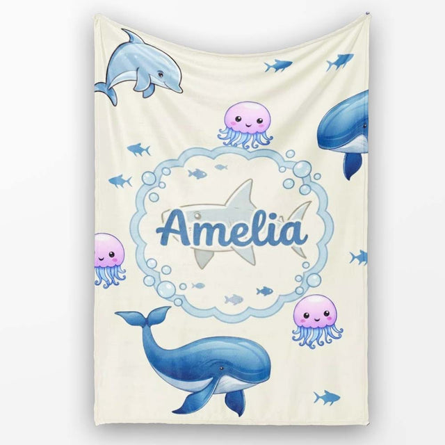 Cute Dolphin Shark and Jellyfish Ocean Animals Neutral Beige Lovely  Personalised Custom Name Super Soft Fleece Blanket Bed Sofa Throw