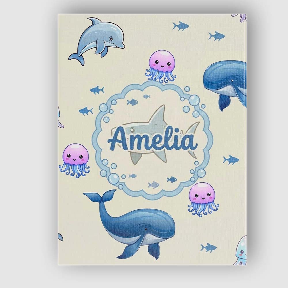 Personalised Name Cute Dolphin Shark and Custom  Unique Gift Idea Elegant Feature Canvas Wall Art Print Decor Picture Ready to Hang