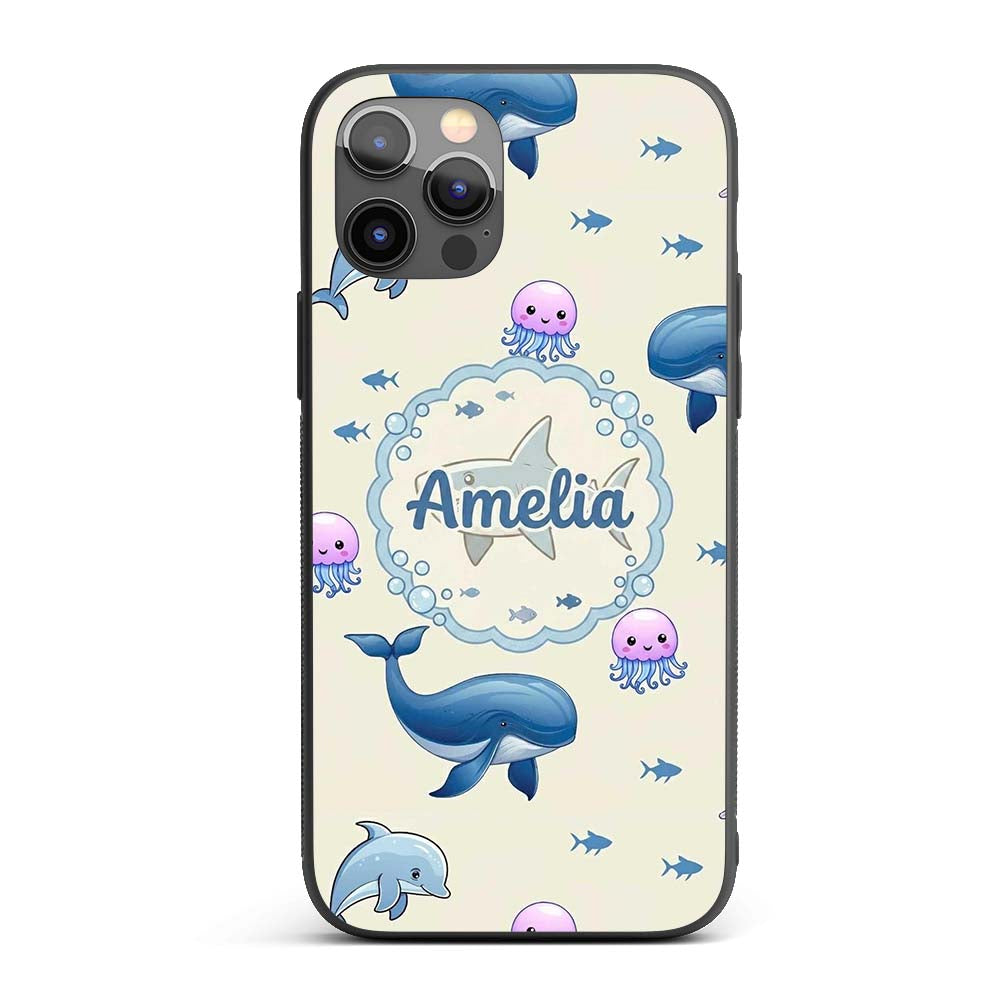 Cute Dolphin Shark and Jellyfish Ocean Animals Custom Name Protective Phone Case Mobile Cover Durable Everyday Smartphone Shock Resistant