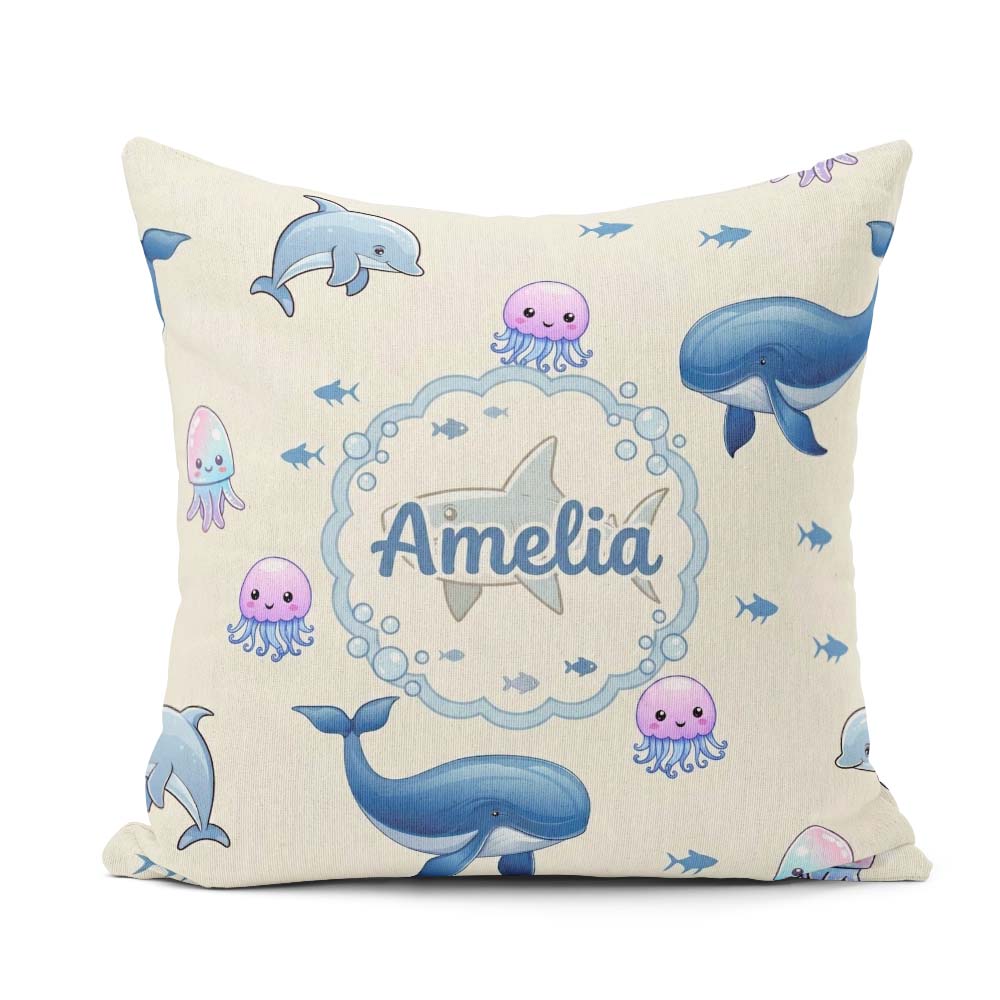 Custom Name Cute Dolphin Shark and Jellyfish Ocean Animals Beige Square Filled Cushion Throw Pillow Sofa Bed Home Decor Zip Washable UK Made