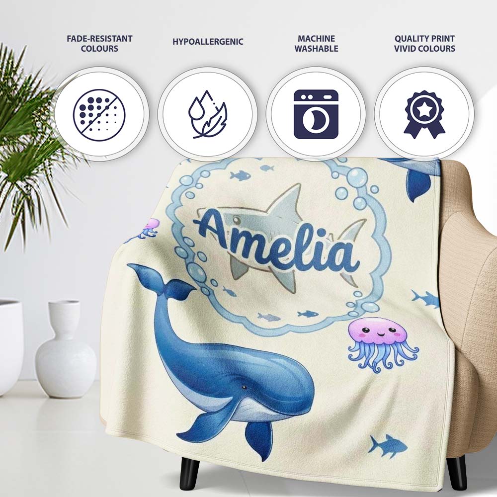 Cute Dolphin Shark and Jellyfish Ocean Animals Neutral Beige Lovely  Personalised Custom Name Super Soft Fleece Blanket Bed Sofa Throw