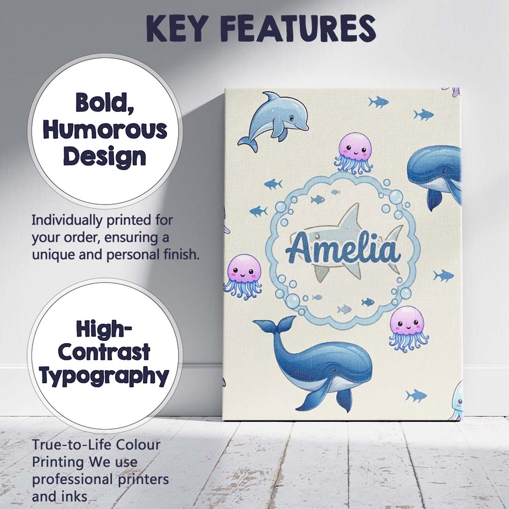 Personalised Name Cute Dolphin Shark and Custom  Unique Gift Idea Elegant Feature Canvas Wall Art Print Decor Picture Ready to Hang