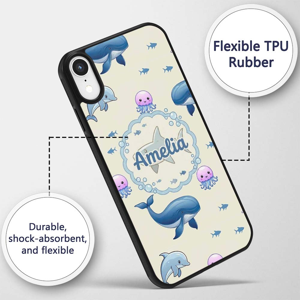 Cute Dolphin Shark and Jellyfish Ocean Animals Custom Name Protective Phone Case Mobile Cover Durable Everyday Smartphone Shock Resistant