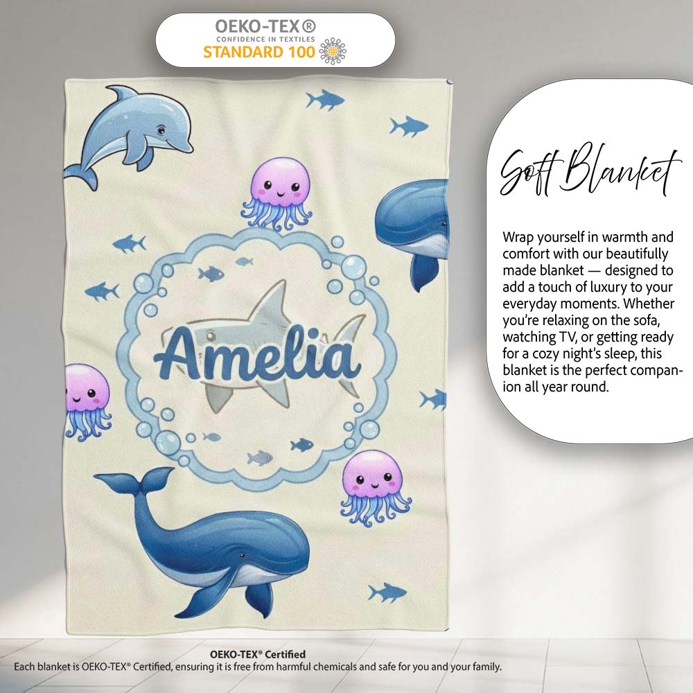 Cute Dolphin Shark and Jellyfish Ocean Animals Neutral Beige Lovely  Personalised Custom Name Super Soft Fleece Blanket Bed Sofa Throw