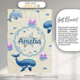 Cute Dolphin Shark and Jellyfish Ocean Animals Neutral Beige Lovely  Personalised Custom Name Super Soft Fleece Blanket Bed Sofa Throw