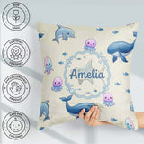 Custom Name Cute Dolphin Shark and Jellyfish Ocean Animals Beige Square Filled Cushion Throw Pillow Sofa Bed Home Decor Zip Washable UK Made